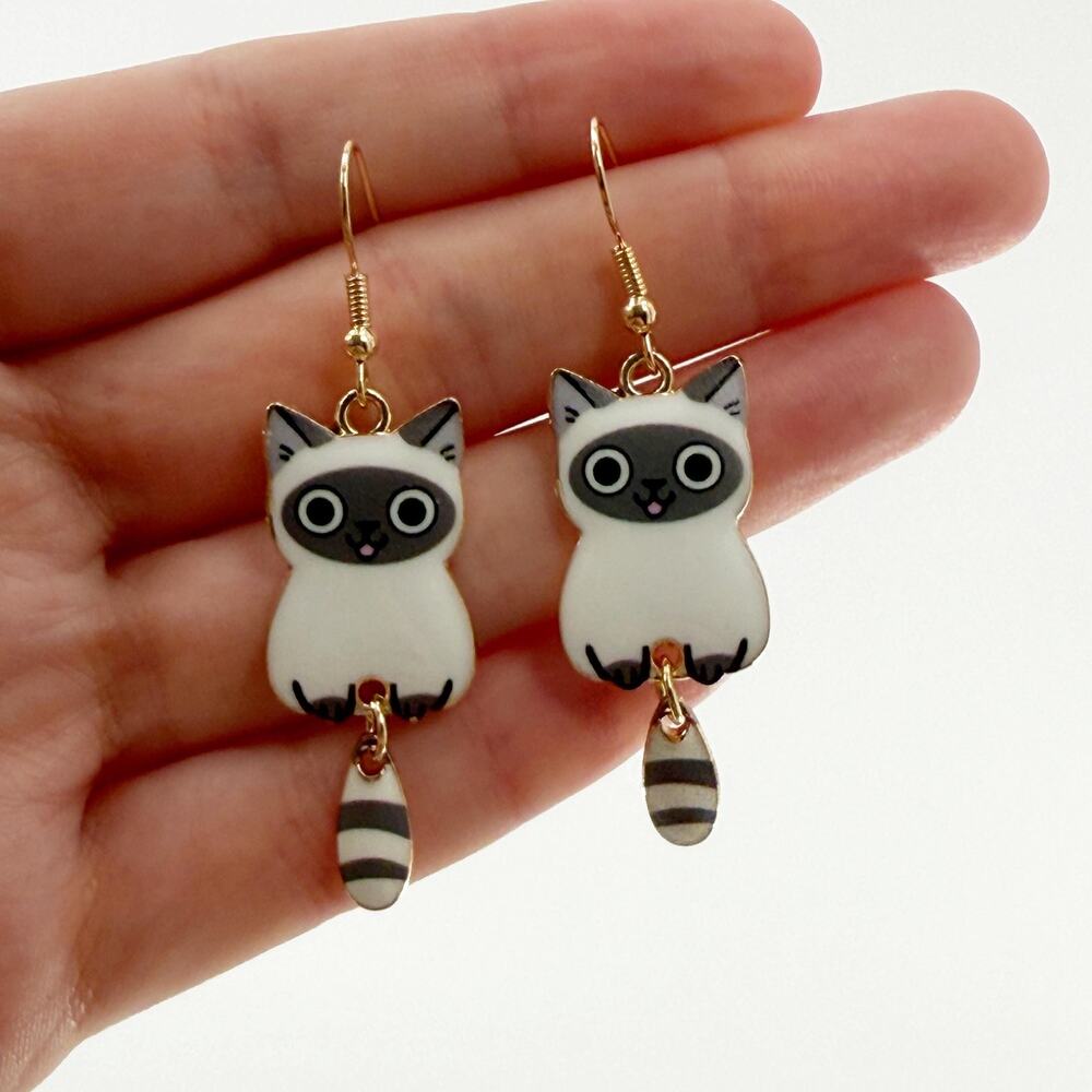 Siamese Earrings For Cat Mom, Cute Gray Cat Earrings For Cat Lady